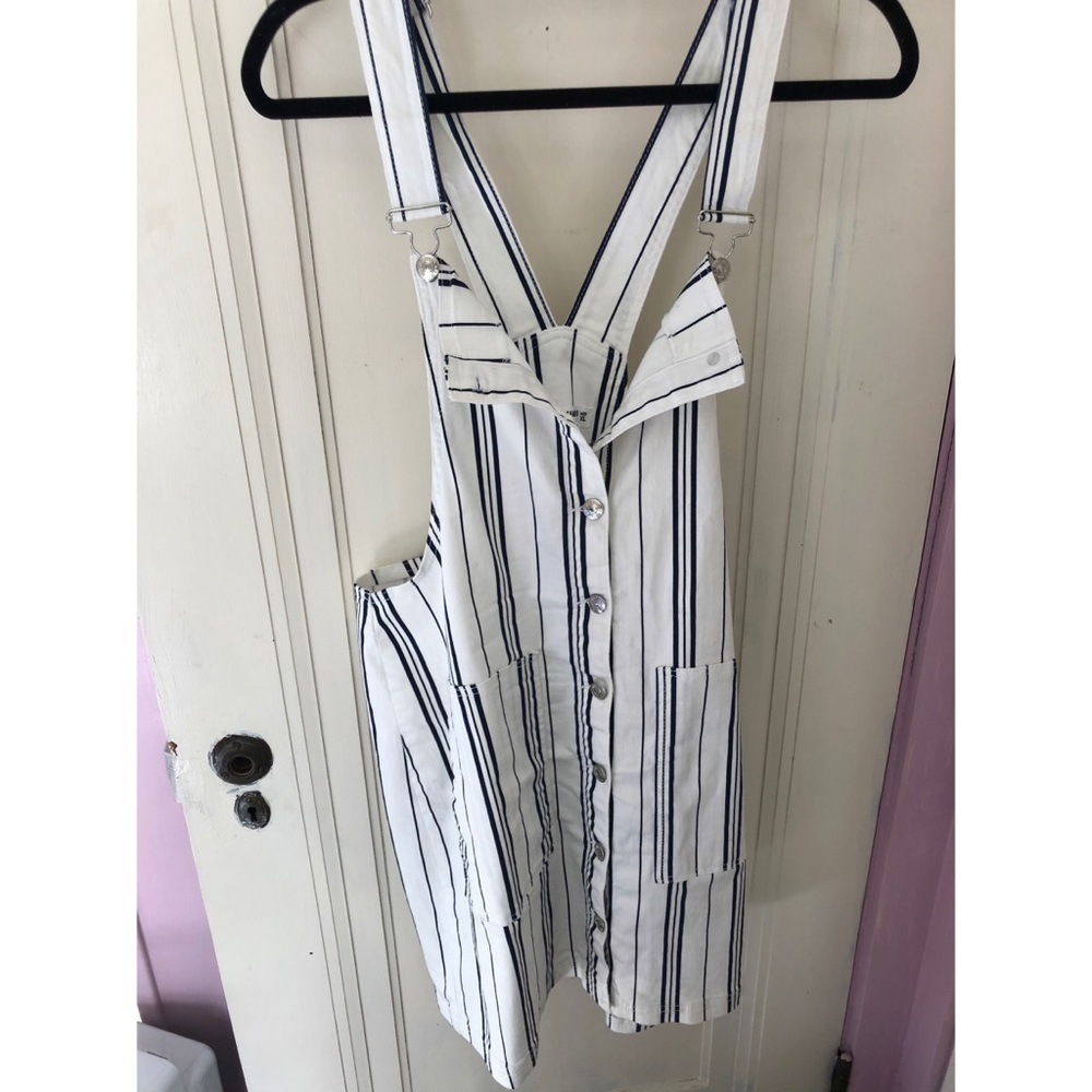 Striped denim overall dress with pockets